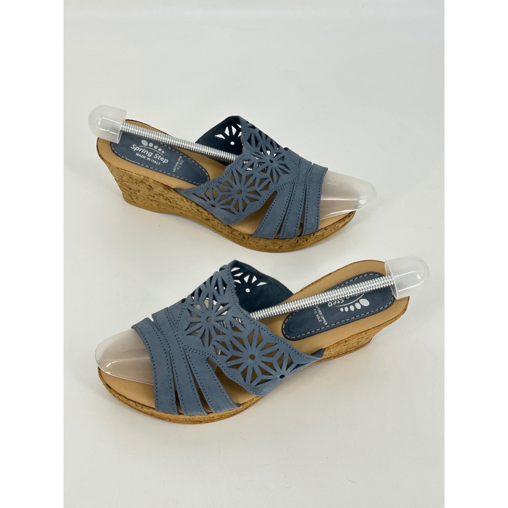Spring Step Laser Cut Wedge Leather Sandal Blue‎ EU40/ US 9 Made In Italy Shoes